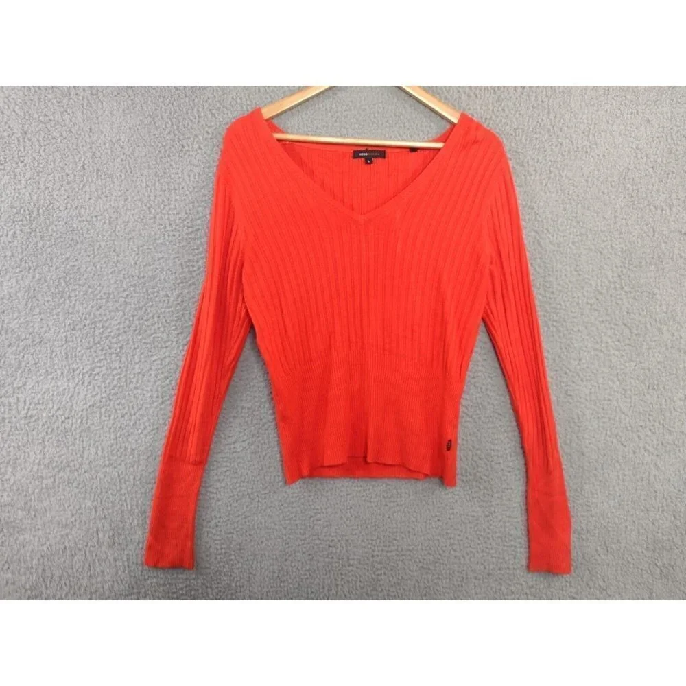 BCBGMaxazria Silk Blend Sweater‎ Womens Large Red Cropped Ribbed Long Sleeve